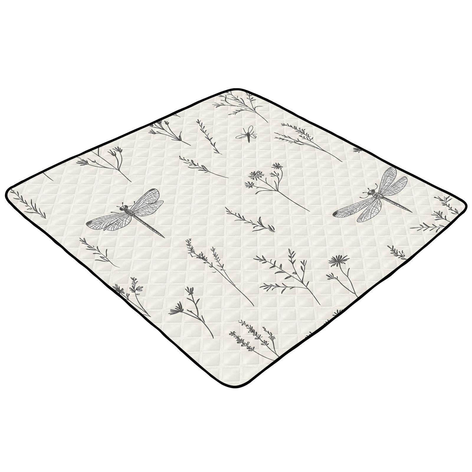 BOESI Scribble Dragonfly and Wildflower Pattern Baby Play Mat, 50“ X 50” Washable Folding Crawling Mat, Baby Floor Mat, Soft, Thick, Non-Slip