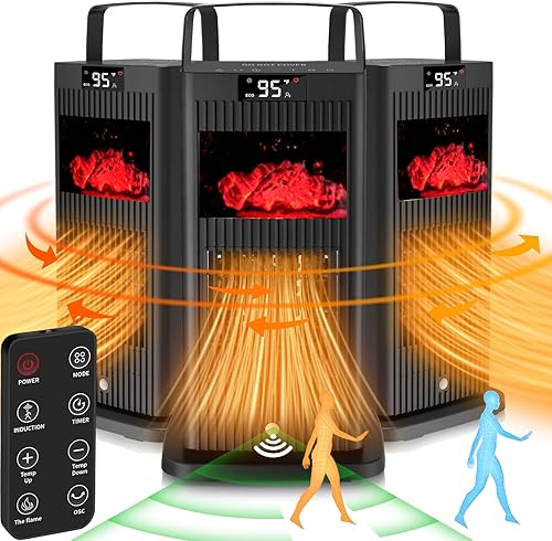 2024 Upgraded Space Heater,Mini Portable with Infrared Sensor & Fireplace Flame Effect,1500W Oscillating Electric Ceramic Room Heater,Fast Heating
