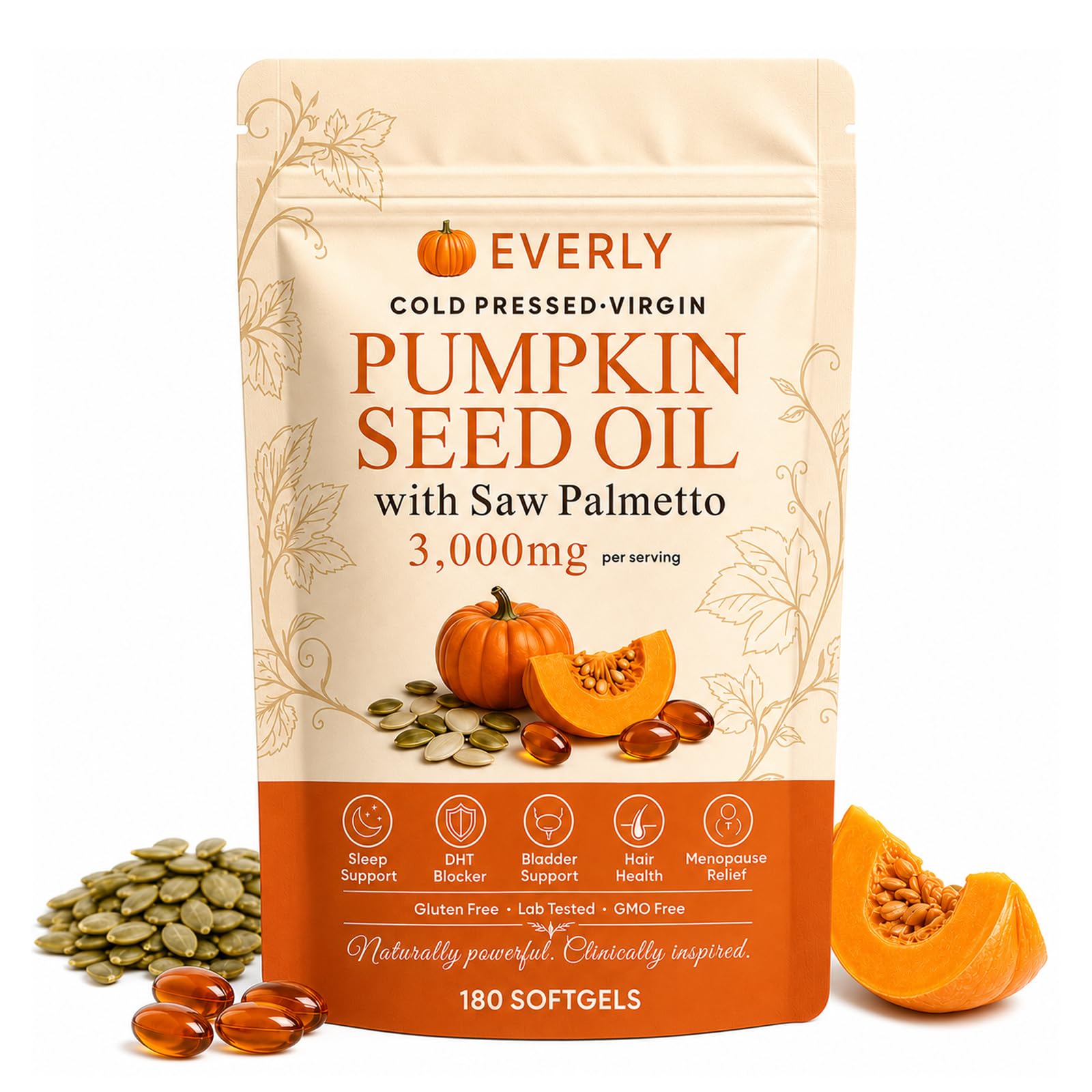 Everly Supplements Suplemento de Saw Palmetto com Óleo de Semente de Abóbora, 180 cápsulas gelatinosas