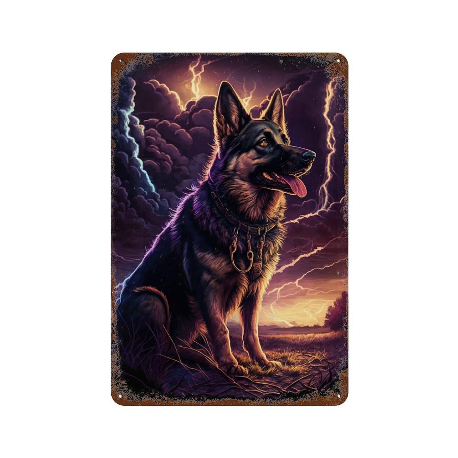 Thunderstorm German Shepherd Art Print -1 11.8"x7.9" Aged Metal Wall Plaque, Vintage Wall Decor for Basement, Hobby Room And Garage Decor