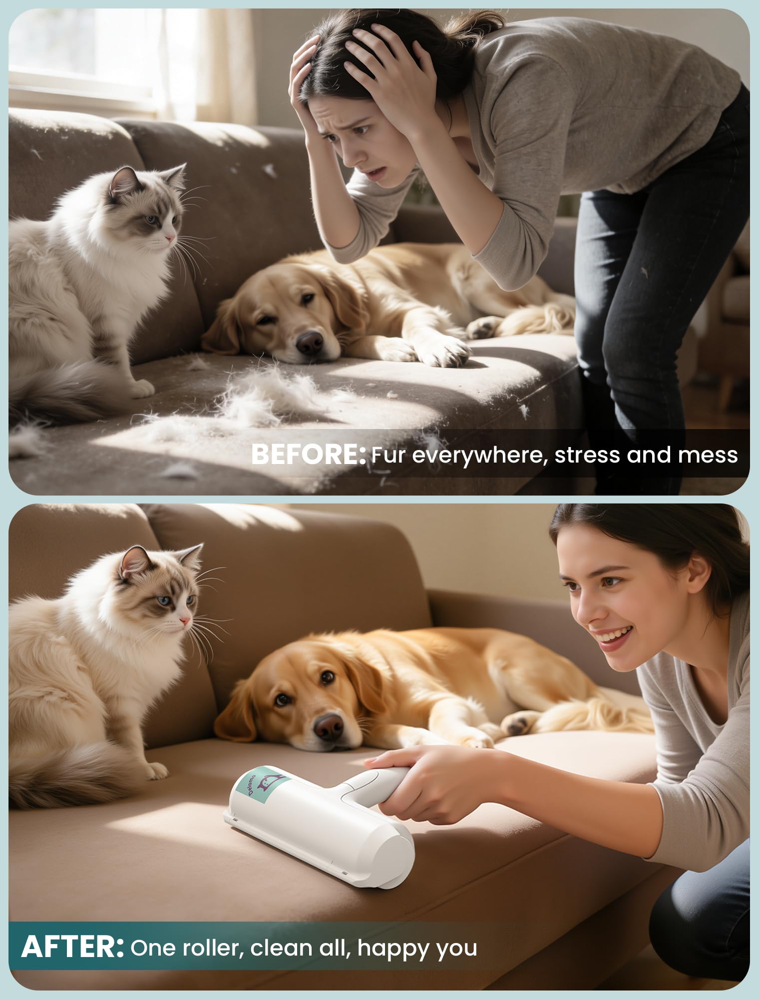 DELOMO Pet Hair Removal Tool: Reusable Lint Roller for Pet Hair, Pet Hair Remover with Built-in Fur Bin, Self-Cleaning Cat and Dog Hair Remover for Couch, Furniture, Bed, Car, Carpet, Clothes - image 8