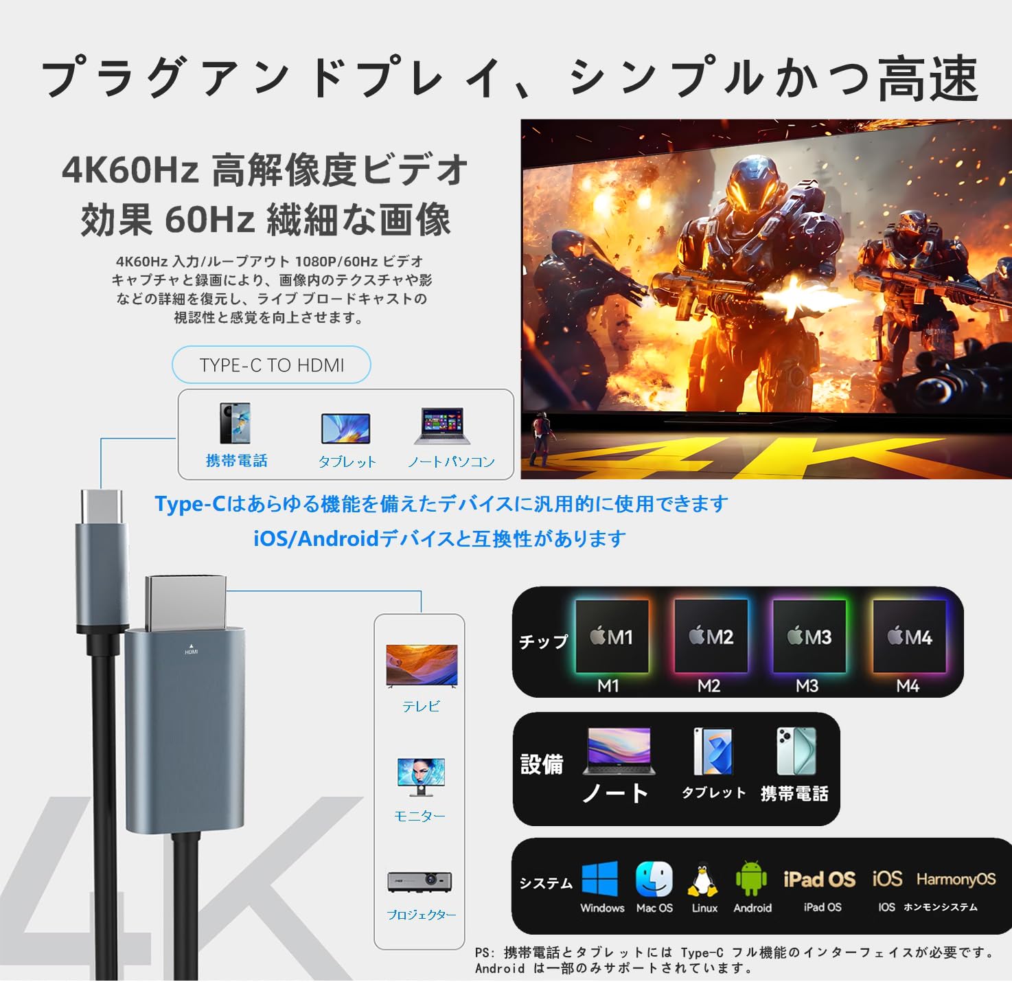 ✨️HDMI Type-C ケーブル 2m 4K@60Hz HDR対応 音声同期 Amazon | USB C HDMI 変換ケーブル - 2M「4K@30hz UHD映像出力
