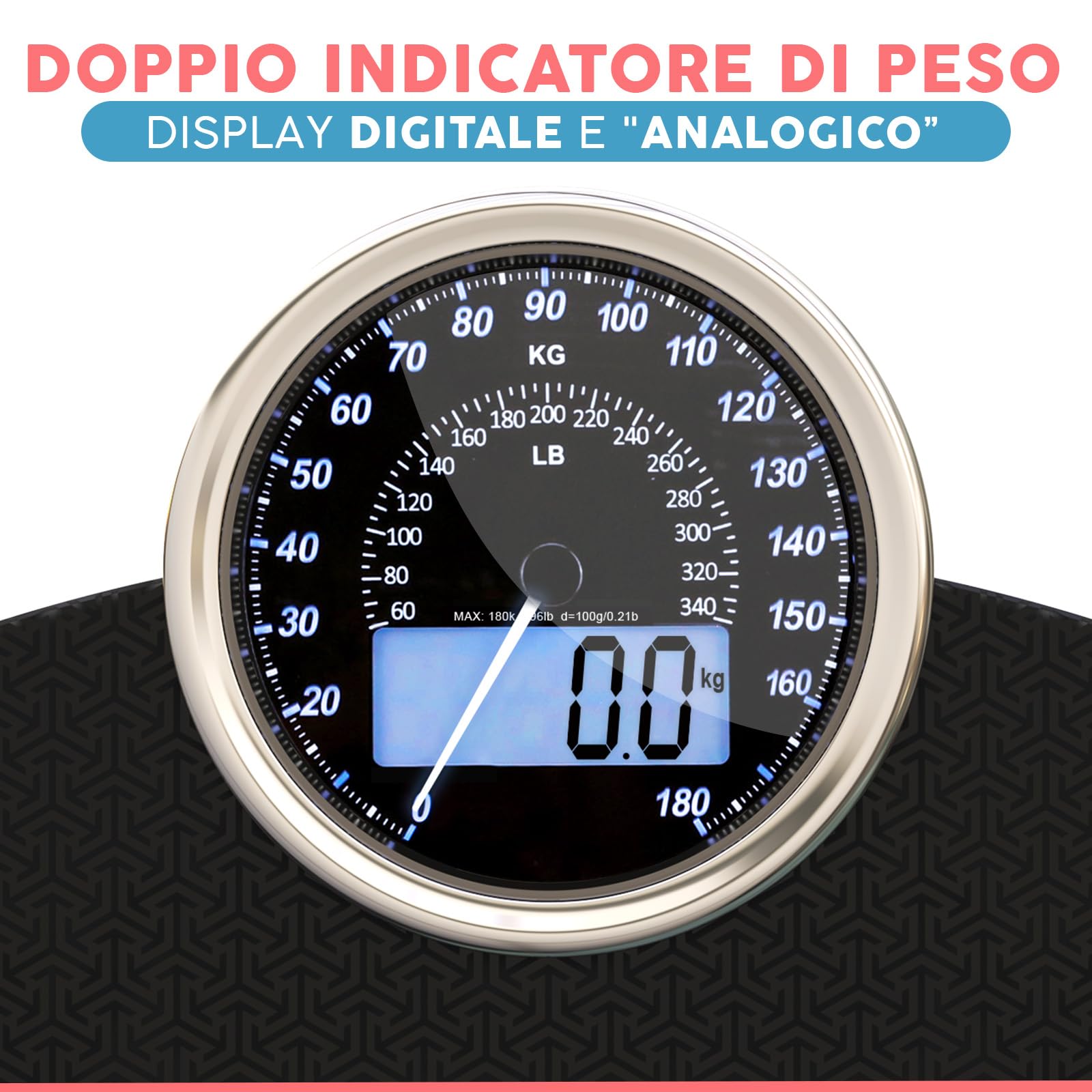 Hybrid Bilancia Pesapersone - Analogica & Digitale, Precisa fino a 180 kg | Leggete il peso su quadrante analogico e LCD insieme. Piattaforma larga, 3 batterie AAA incluse, pronta all'uso.