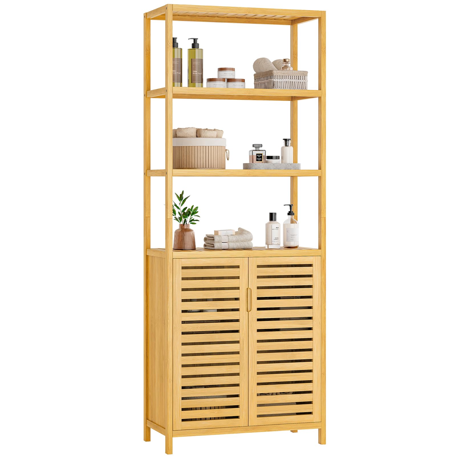 VIAGDO Armadietto da Bagno Alto in Bambù, 3 Scomparti Aperti e Armadietto, Portaoggetti Alto, Per Bagno, Corridoio, Cucina, Soggiorno