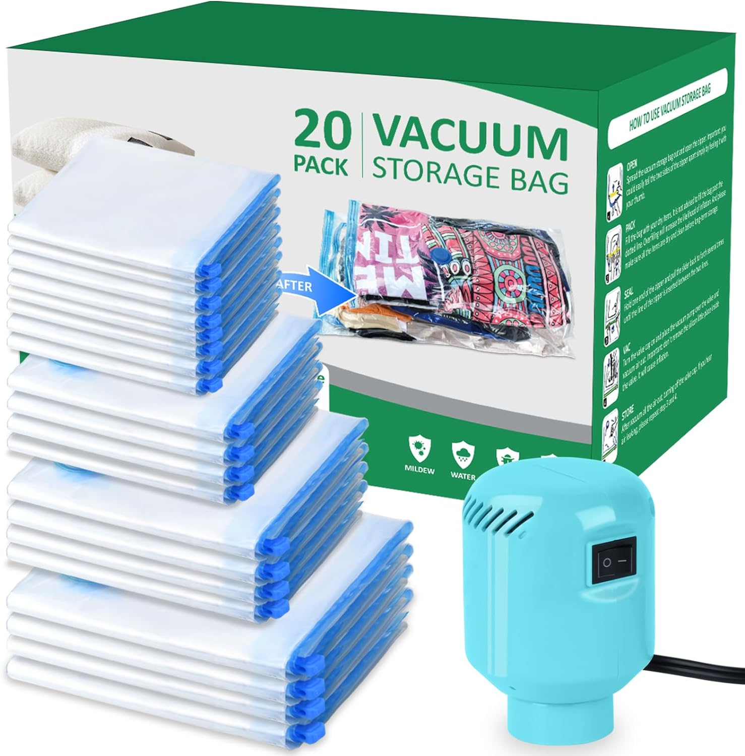 ZPP Vacuum Storage Bags with Electric Pump, 20 Pack (4 Jumbo, 4 Large, 4 Medium, 4 Small, 4 Roll Up Bags) Vacuum Seal Bags for Clothes, Mattress, Blanket, Comforters, Travel, Moving ZPP Vacuum Storage Bags with Electric Pump, 20 Pack (4 Jumbo, 4 Large, 4 Medium, 4 Small, 4 Roll Up Bags) Vacuum Seal Bags for Clothes, Mattress, Blanket, Comforters, Travel, Moving