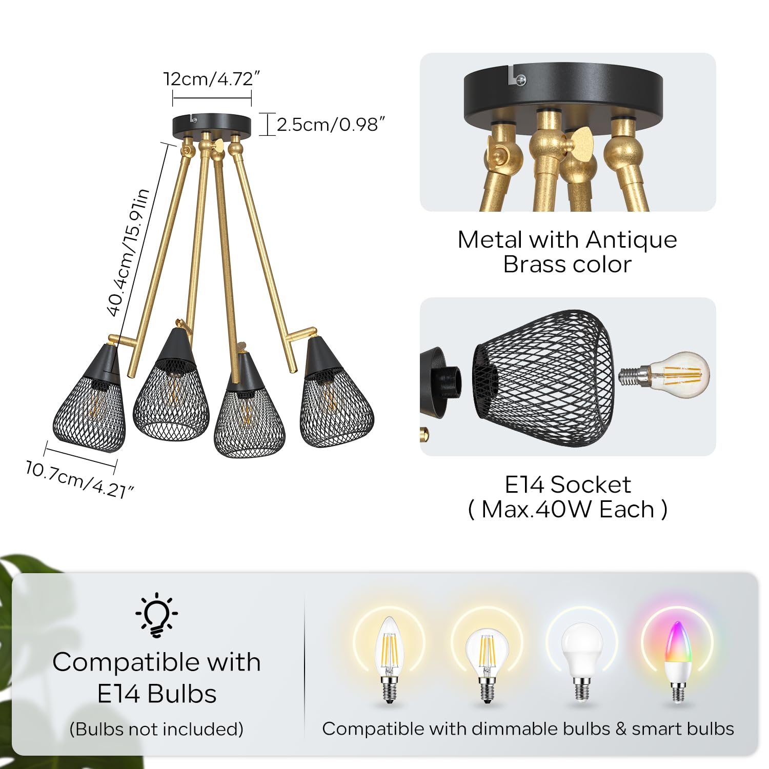 ANWIO Lámpara de Techo Negra con 4 Focos E14 Giratorios, Proyecto DIY de Iluminación para Personalizar tu Hogar, Ideal para Dormitorio, Pasillo o Cocina (Sin Bombillas)