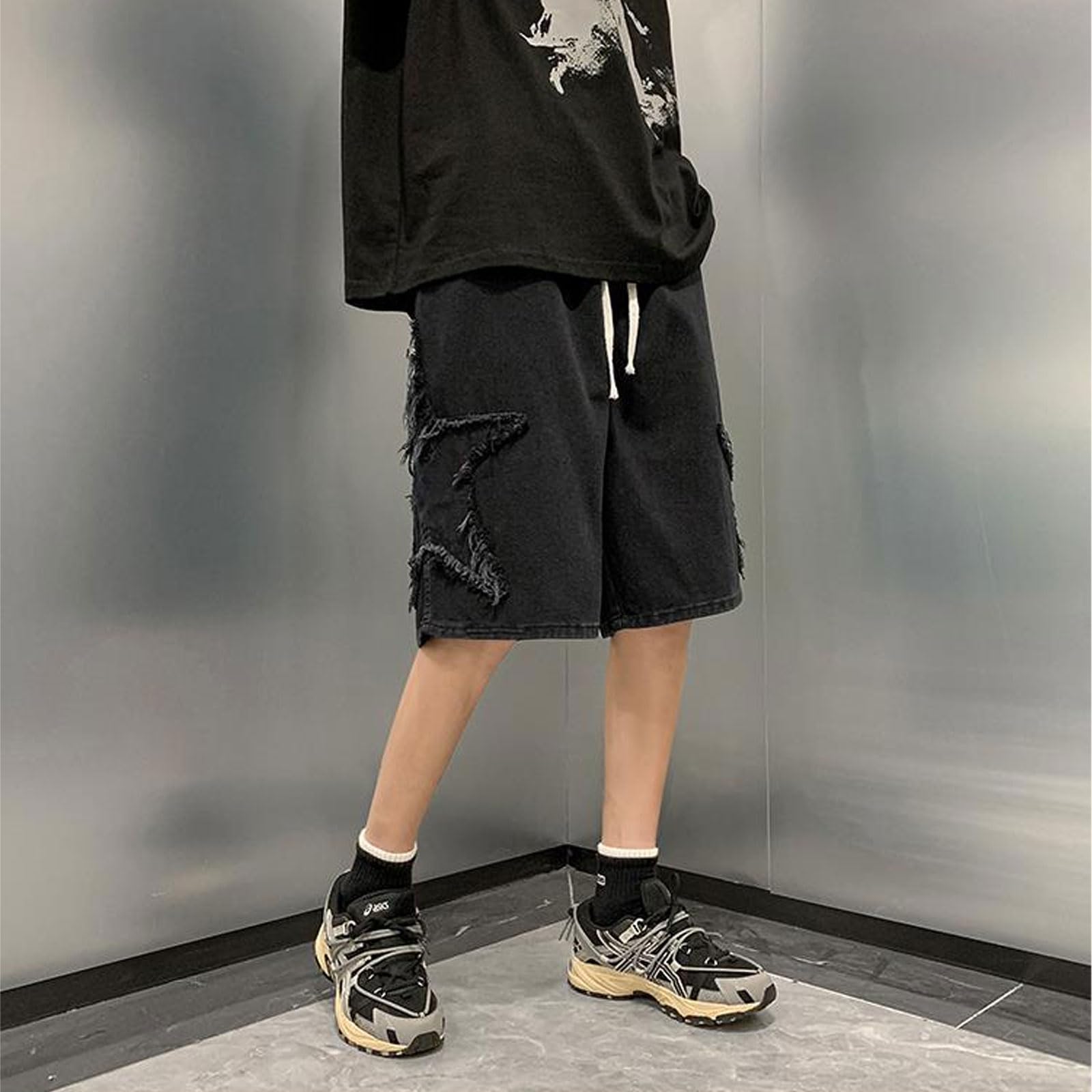 Pantalones cortos de mezclilla bordados Y2K para adolescentes y niños, pantalones cortos de mezclilla con cordón, cintura elástica, pantalones cortos holgados