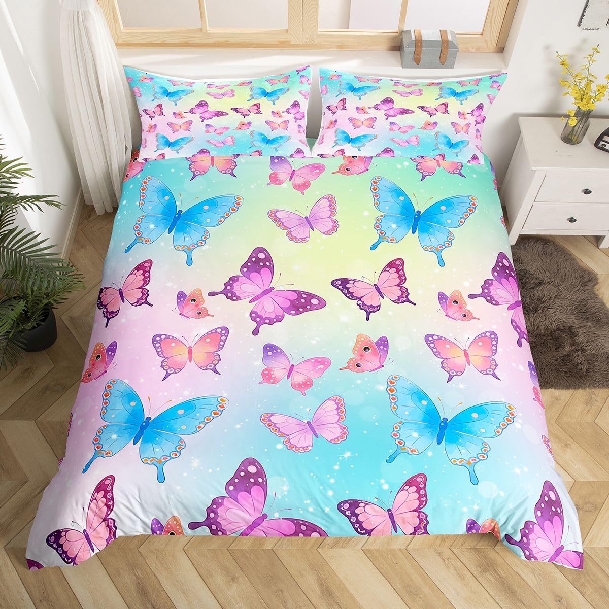 Homewish Set di biancheria da letto super king size per bambini, ragazzi e adulti, con copripiumino con farfalle blu e viola, elegante set di biancheria da letto sfumato con stelle