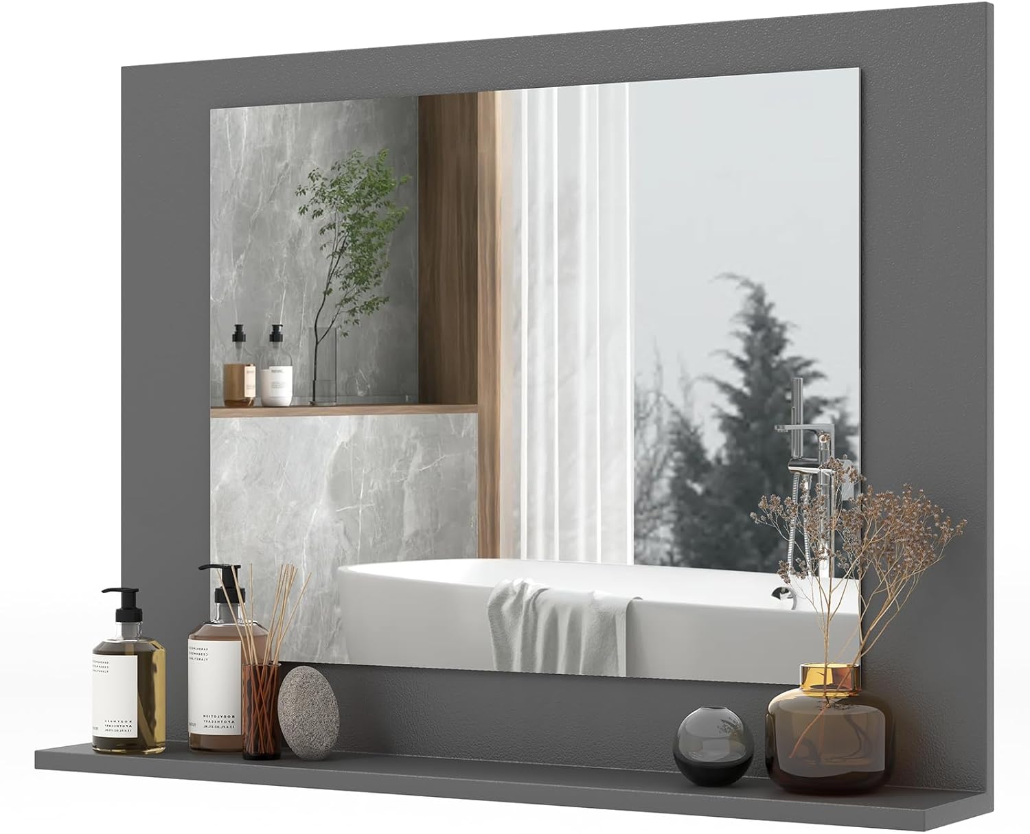 LOKO Bathroom Mirror with Shelf, 23.5" x 17.5" Rectangle Vanity Mirror with Exquisite Frame, Expansion Screws, Wall Mounted Horizontal Hanging Mirror for Entryway, Living Room (Grey)