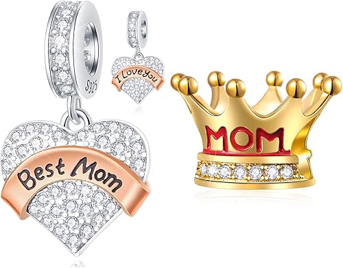 Juego de dijes con texto en inglés "I Love You" para pulseras Pandora Moments, coronas para mamá y el mejor juego de joyas en plata de ley 925,