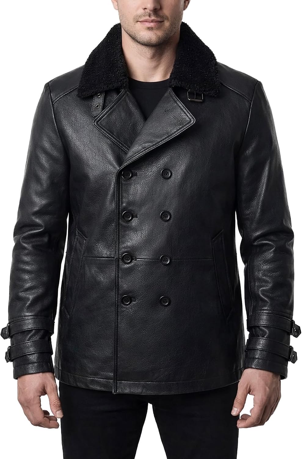 Leon Kennedy Requiem Jacket – Double Breasted Style Genuine Black Leather Coat With Fur Collar – Resident 9 Costume