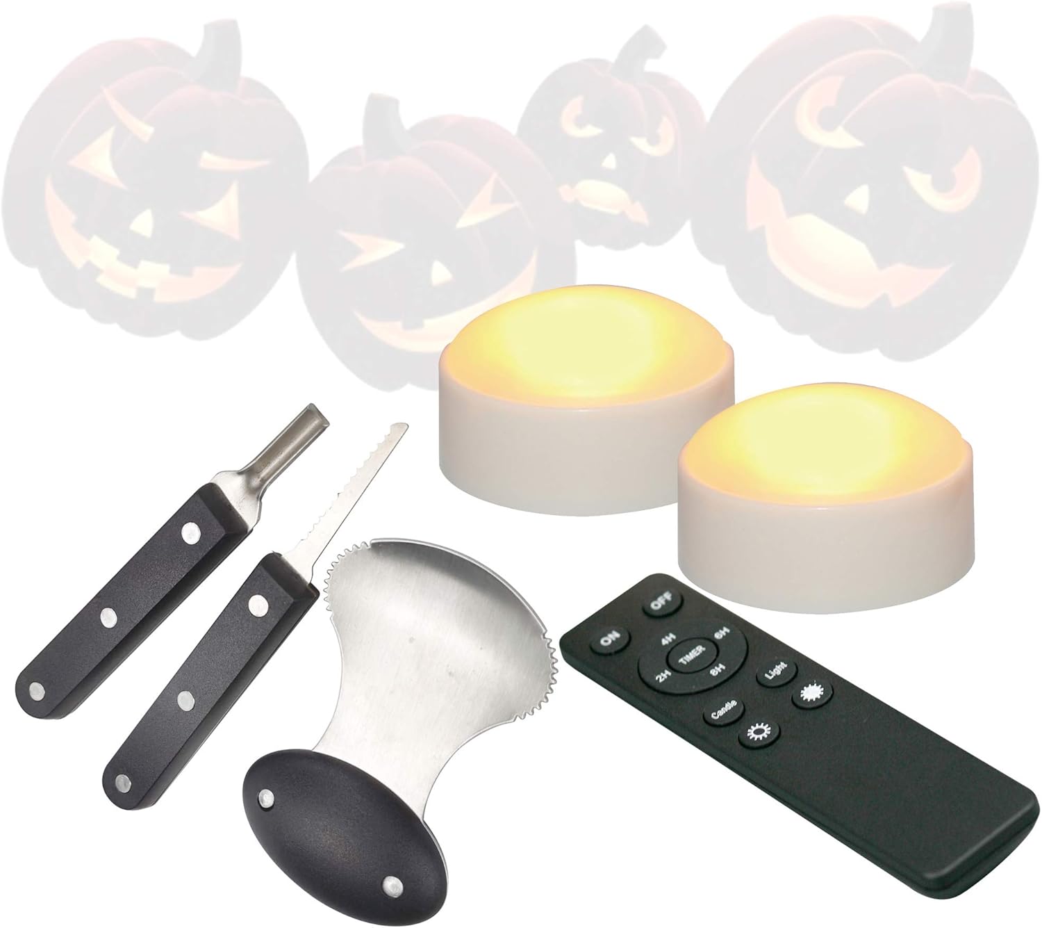 Two Halloween LED Pumpkin Lights with Remote Timer 3 PCS Stainless Steel Pumpkin Carving Cutting Tool Kit Set Jack-O-Lantern Decorations Battery Operated Realistic Flickering Flameless Candles White