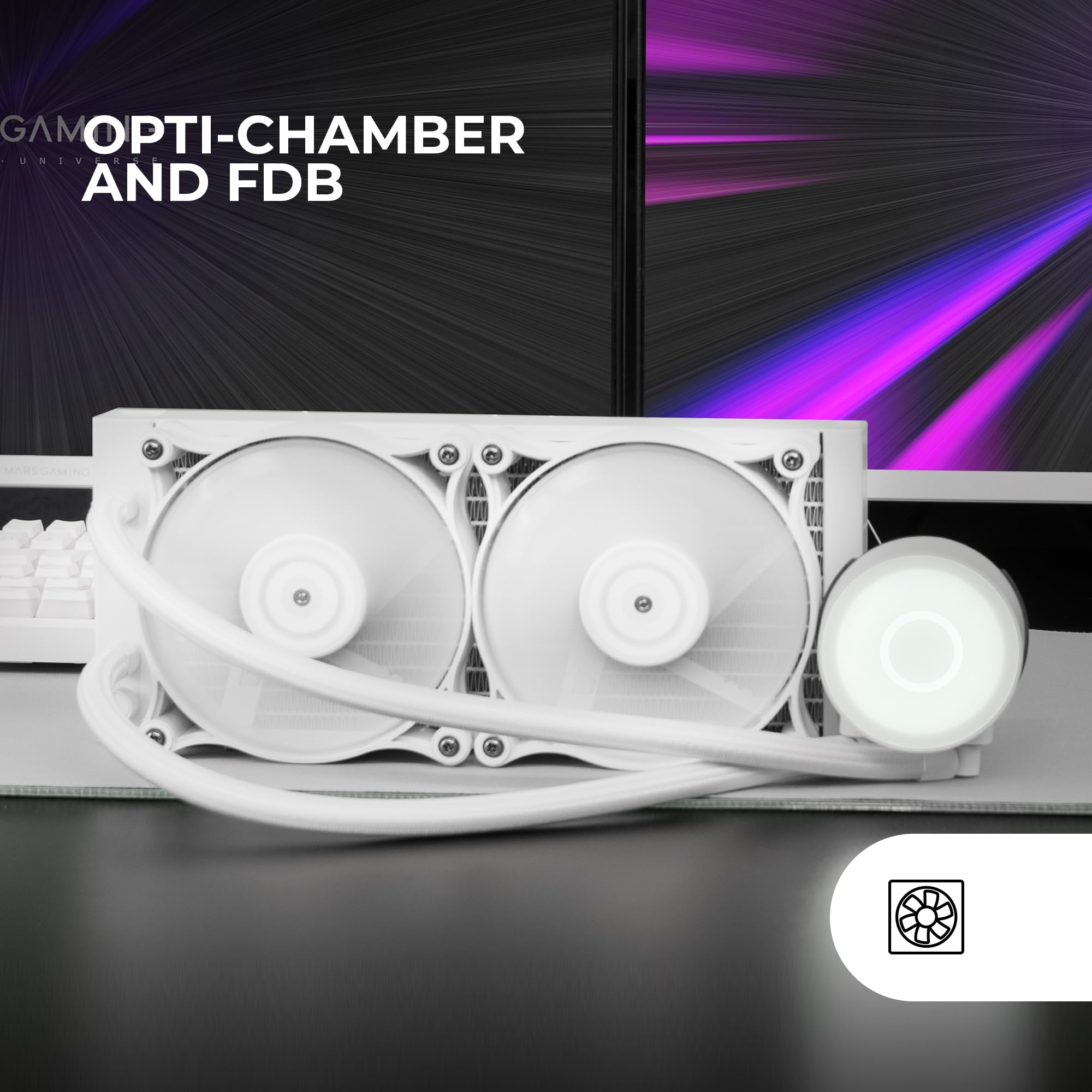 MARSGAMING ML-PRO240, Raffreddamento a Liquido Professionale CPU, TDP 450W, 2 Ventole FDB Ultra-silenziose, Pompa Opti-Chamber con Anello di Illuminazione Bianco, Multisocket Universale, Bianco