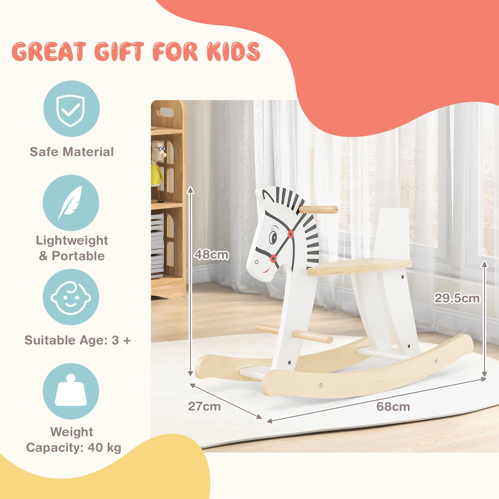 DREAMADE Schaukelpferd, Schaukeltier Holz, Schaukelstuhl mitwachsend mit abnehmbarem Schutzring und Fußstütze, Baby Schaukelpferd für Babys und Kleinkinder