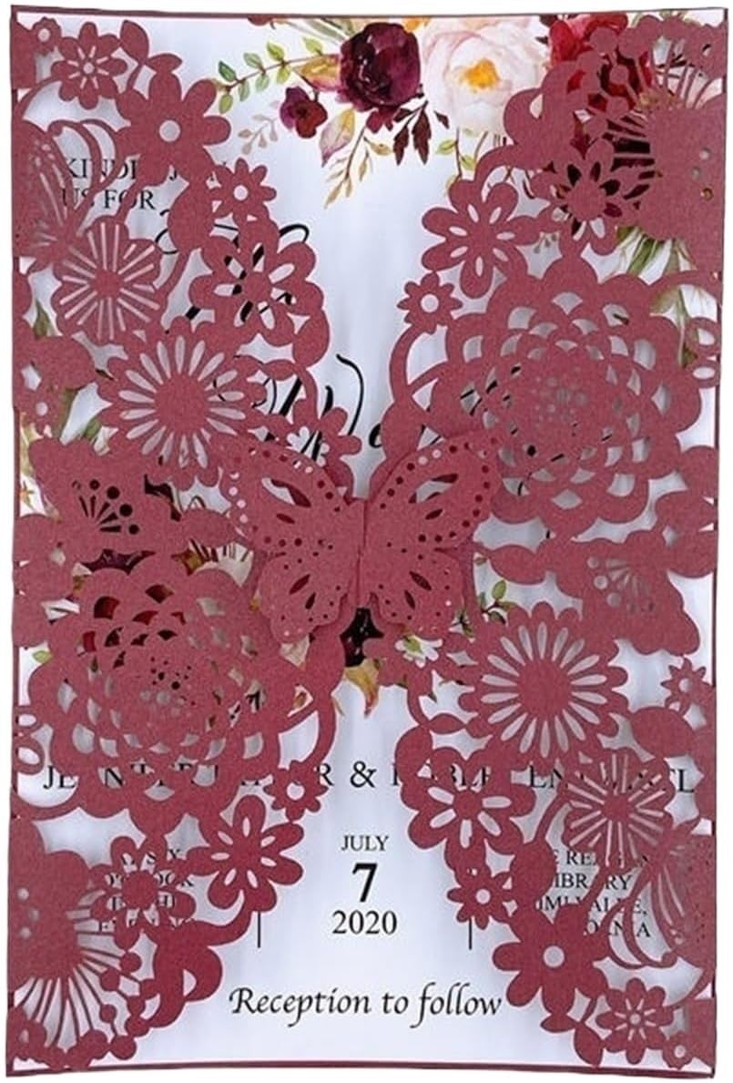 Zaproszenia ślubne, Wedding Invitations Personalised 10pcs Multicolor Glitter Butterfly 17.7x11.7cm Envelopes(Burgundy,With Envelopes)