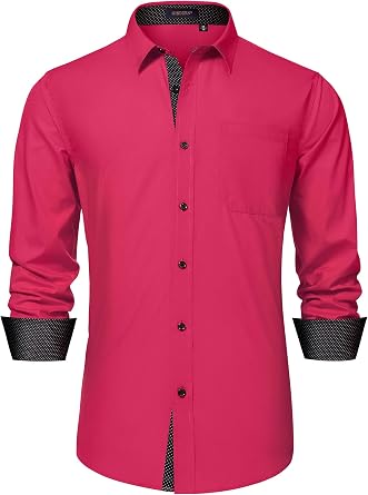 HISDERN Mens Business Dress Shirts Long Sleeve Casual Button Down Shirt Formal Inner Collar Contrast Shirt for Men Wedding