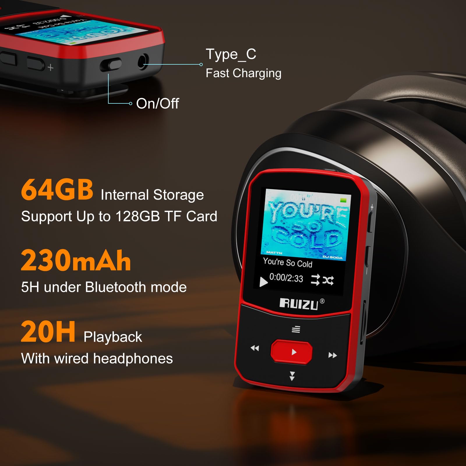 64Go Lecteur MP3 Bluetooth 5.3, Clip Mini Lecteur de Musique Portable avec enregistreur Vocal pour Le Sport, Radio FM/Podomètre, Lecture Audio aléatoire, Prise en Charge d'une Carte Micro SD de 128Go