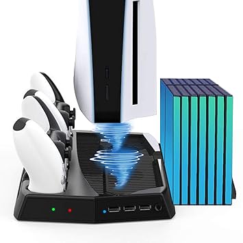 Vertical Cooling Fan Stand for PS5, Dual Charging Station for Playstation 5 Controller DualSense Console Dock with LED Indicator and 14 Game Slots