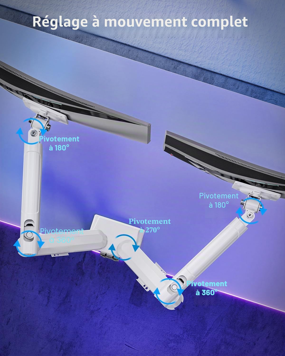 ELIVED Support pour moniteur 2 écrans pour écrans de 13-32", Support écran 2 moniteurs supporte 2-9 kg moniteur avec VESA 75/100mm, Bras de moniteur à gaz inclinable, pivotant, rotatif, blanc, EV6012W