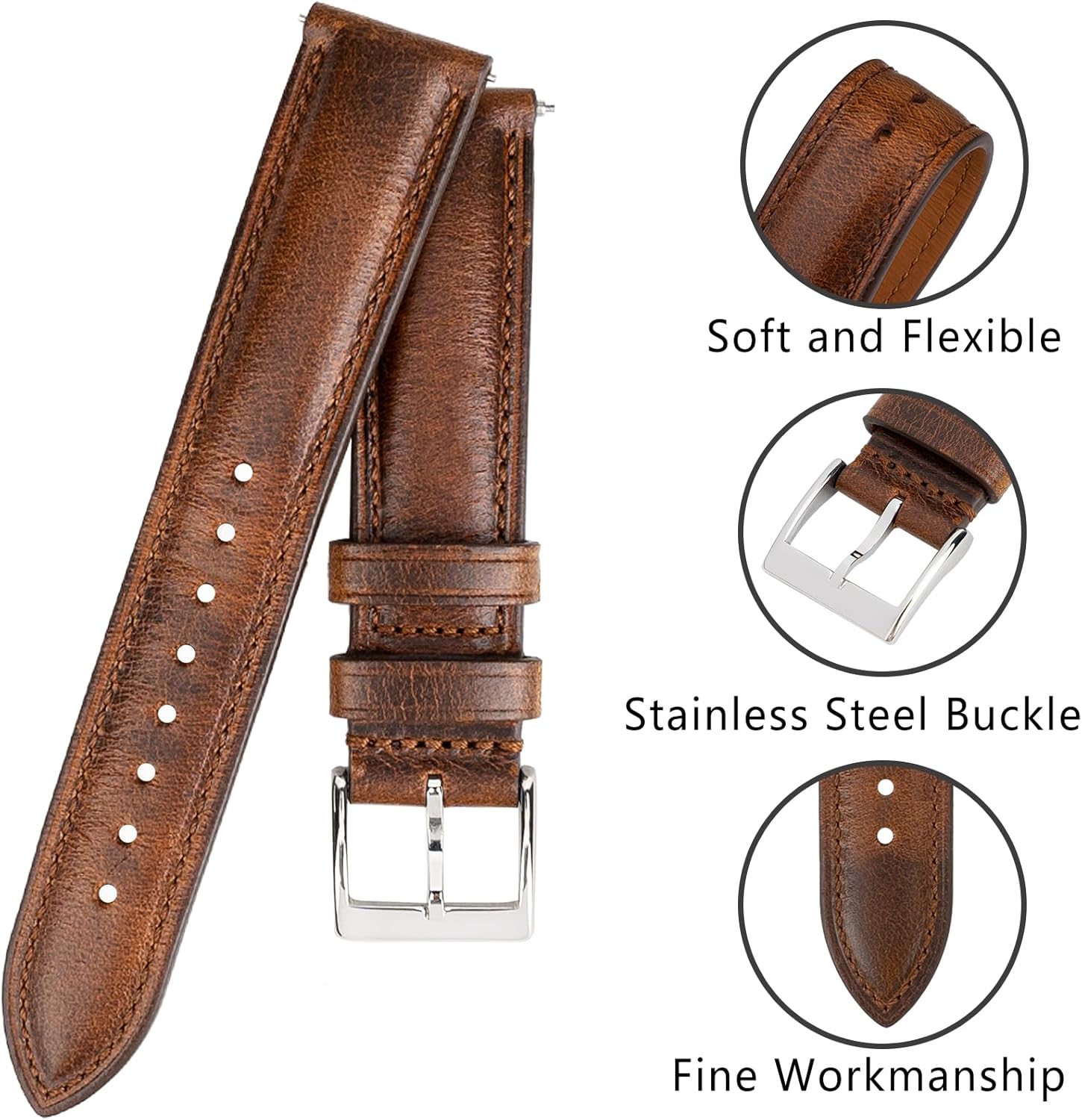 Quick Release Leather Watch Band 14mm 16mm 18mm 19mm 20mm 21mm 22mm 24mm,Vintage Oil Wax-tanned Pull-up Men's Watch Bands Replacement Leather Watch Straps for Men Women