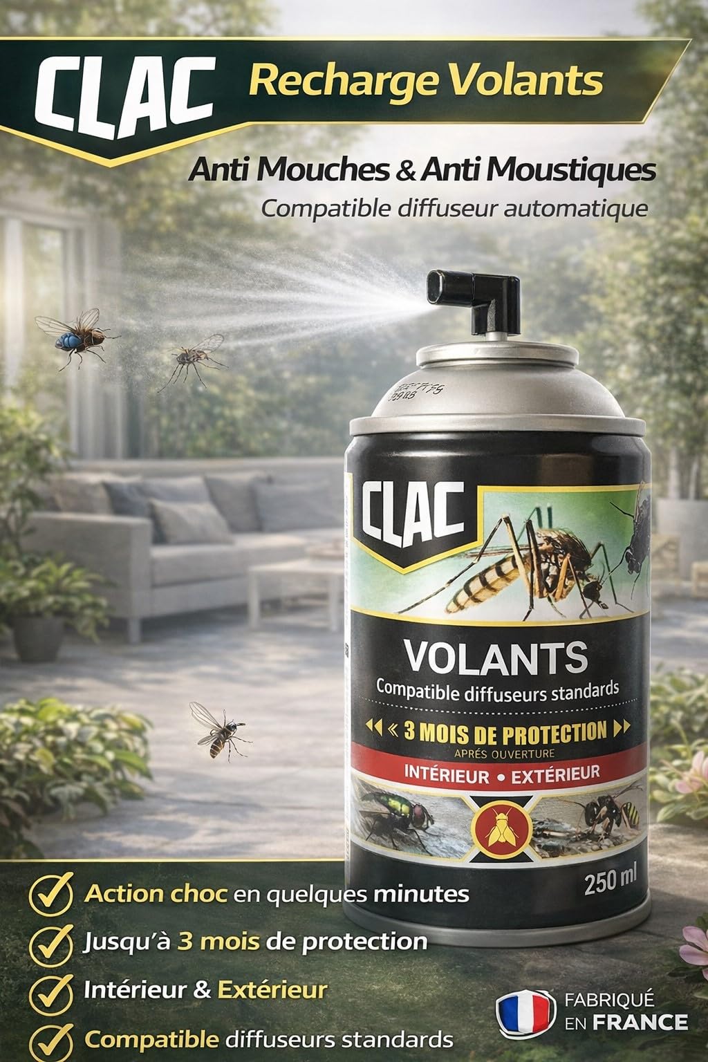 MOUCH'CLAC - Recharge Pyrèthre Anti Mouches & Anti Moustiques - Lot de 4 - Manuel ou pour Diffuseur Automatique - Haute Qualité - Effet Immédiat - 1000ml