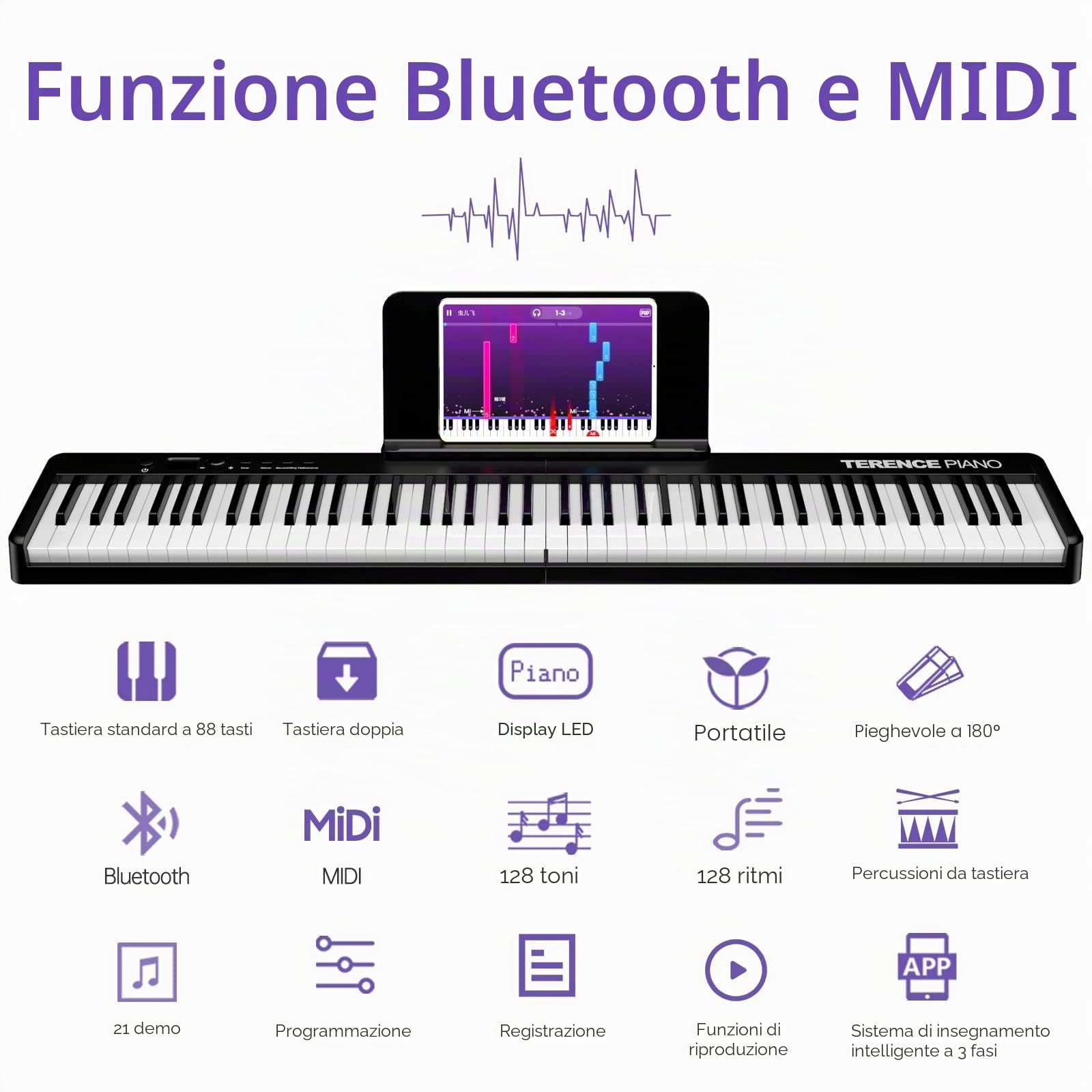 TERENCE Pieghevole Pianoforte Digitale 88 Tasti semi-pesati con batteria da 1800 mAh e interfaccia MIDI USB e supporto per spartiti Bluetooth Borsa adesiva Cavo audio Auricolari Pedale sustain