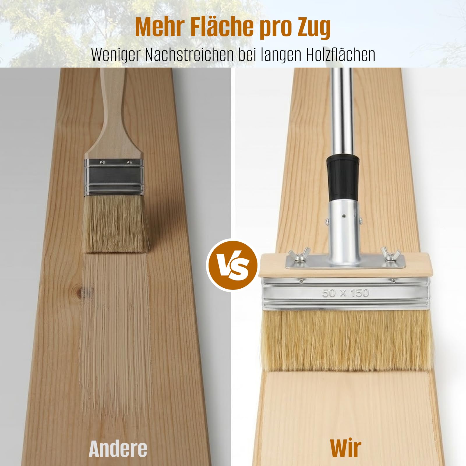 Pędzel do powierzchni z uchwytem, 150 cm, zestaw 2 pędzli do malowania podłóg drewnianych, ogrodzeń, mebli, farb tarasowych, powłok (2 głowice szczotki)