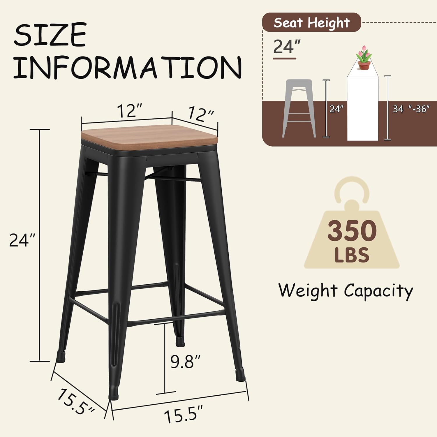 Andeworld Bar Stools Set of 4 Stackable Metal Bar Stools Industrial Counter Height Stools Backless Barstools with Wooden Seats (24 inch, Matte Black with Wooden Seats)