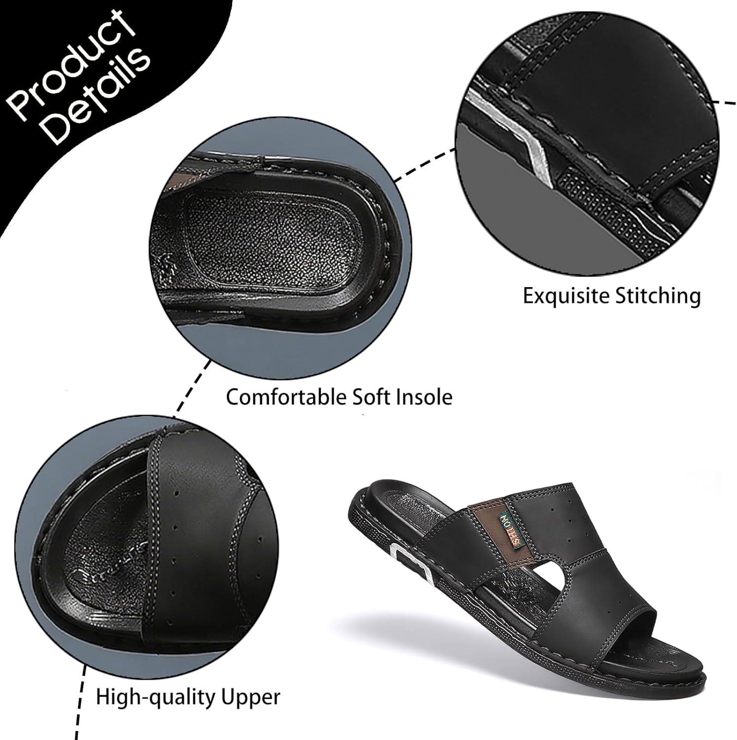 Men's Leather Slip On Slides Sandals Lightweight Comfortable Open Toe Hand Stitched Soft Sole Casual Slippers Summer Anti-Slip Walking Beach Sandals