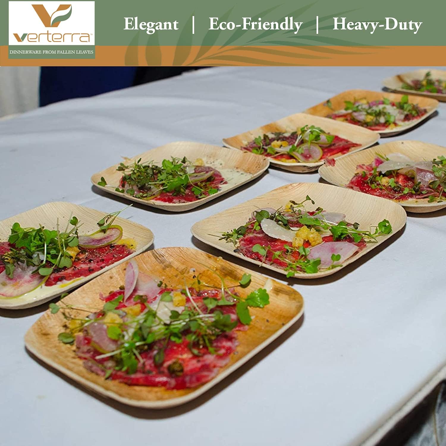 Verterra Compostable Palm Leaf 8-inch Square Disposable Plate, Heavy Duty, Eco-Friendly, Sustainable Dinnerware for Weddings, Events, Parties (300-Pack)