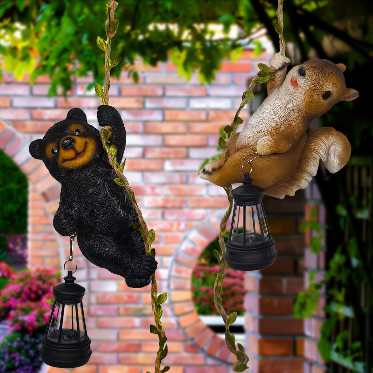 2PCS Solar Light Outdoor Statues, 6.7" H Resin Raccoon and Squirrel Climbing On A 24.8" L Vine with LED Lantern, Waterproof Hanging Solar Squirrel