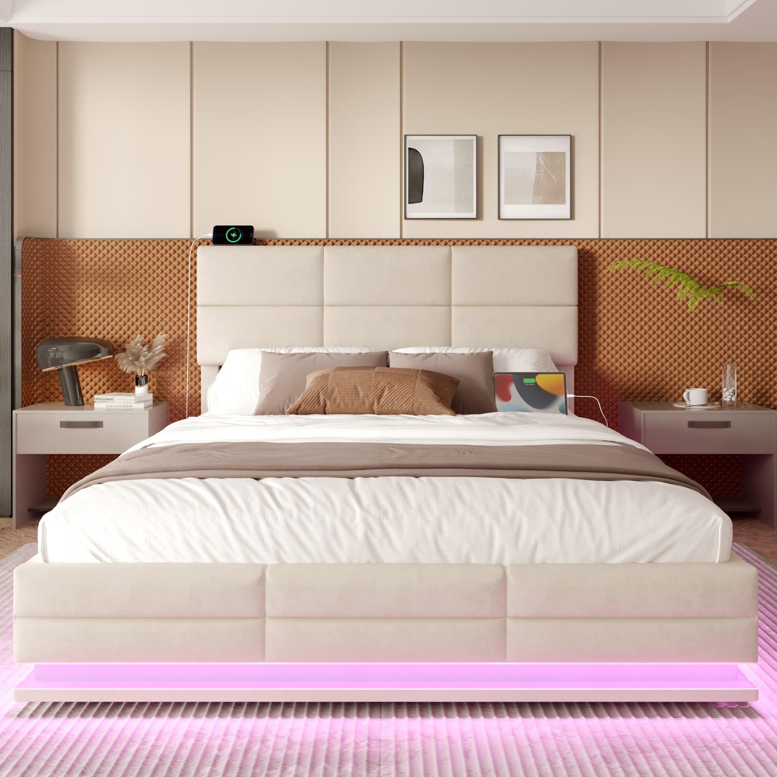 Sweiko Lit Armoire Moderne en Velours 140x200cm, Cadre de Lit de Rangement Hydraulique avec Tête de Lit Réglable en Hauteur USB et Connexion C LED (Beige)