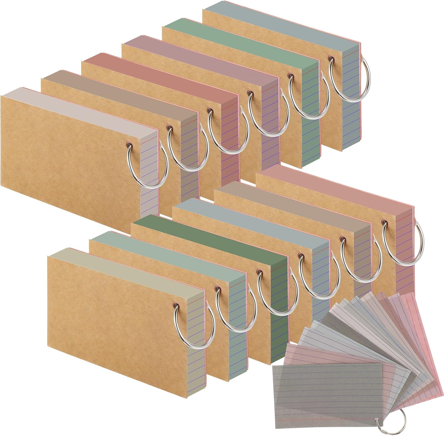 12 Pack Colored Index Cards with Key Ring 3 x 5 Inch 1800 Count Portable Flash Cards College Ruled Lined Flashcards Notepad Aesthetic Notecards for Note Taking Learning Office(Morandi Color)