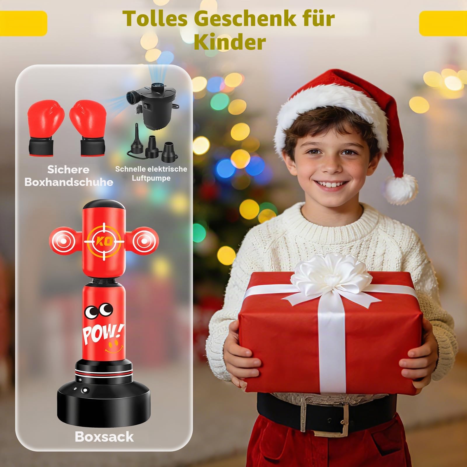 Kinder Boxsack, Boxset mit Pumpe und Springseil 165cm Aufblasbarer Boxsack Stehend Geschenke für Jungen & Mädchen Jahren zum Üben von Reaktionstraining, Taekwondo