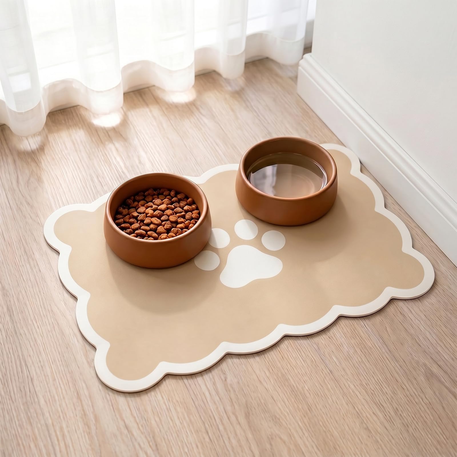 Absorbent Pet Food Mat, Scalloped Cat Dog Mat for Food and Water Bowls