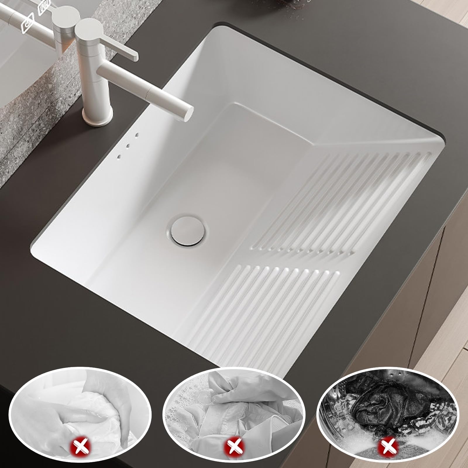 Fregadero de Cerámica Empotrable Para Lavandería con Tabla de Lavar Integrada, Lavabo Sobre Encimera con Grifo de Caño Alto y Kit de Desagüe para Baño o Lavadero(32.5x46.5x22cm/12.8x18.3x8.6in)