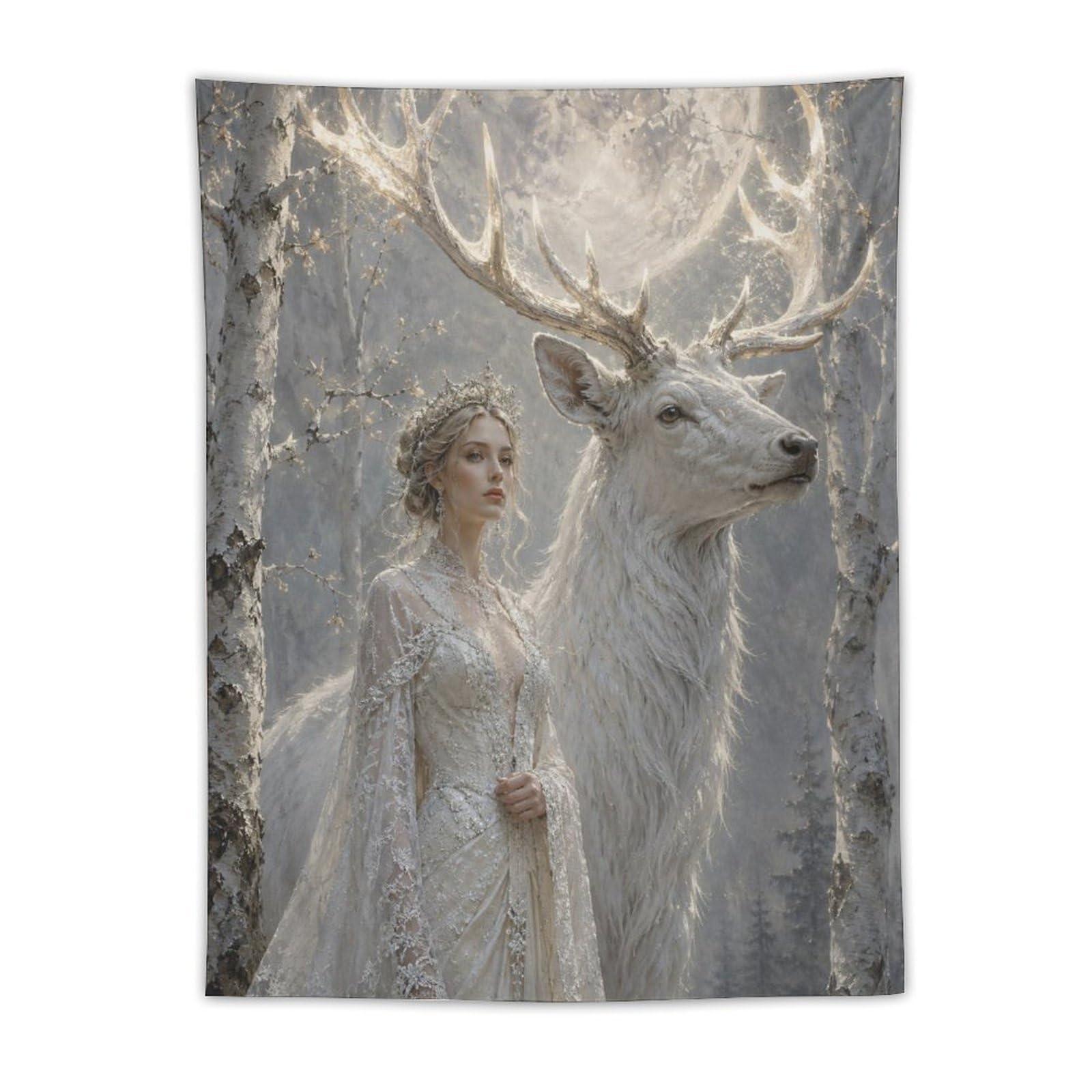 W7C8U2X3 White Deer Woman Wall Tapestry, Fantasy Illustration, Backdrop