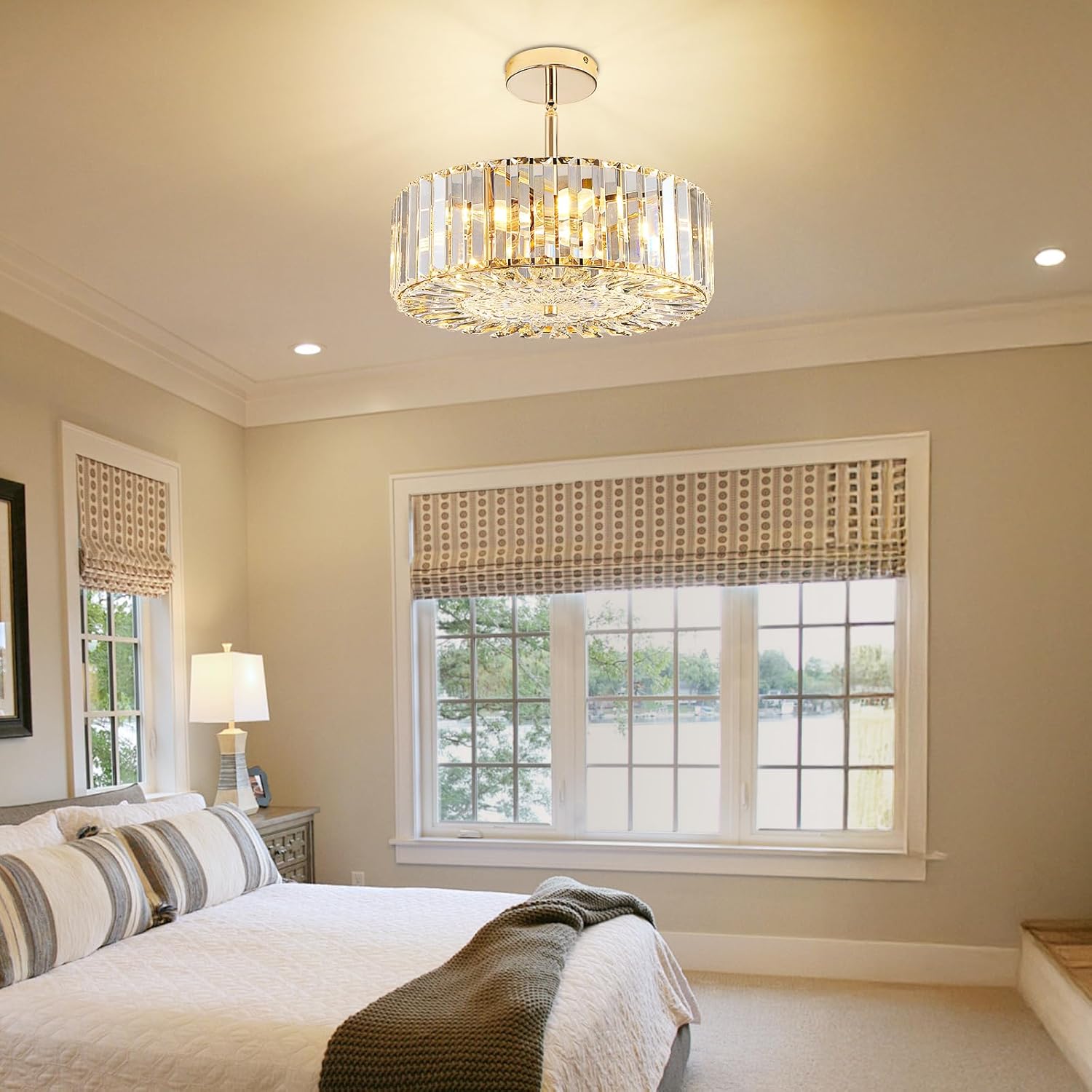 WJShome 15" Modern Gold Crystal Chandelier,4-Light Farmhouse Dining Room Light Fixture Over Table, Adjustable Height Hanging Pendant Lights Kitchen Island, Living Room Bedroom Entryway