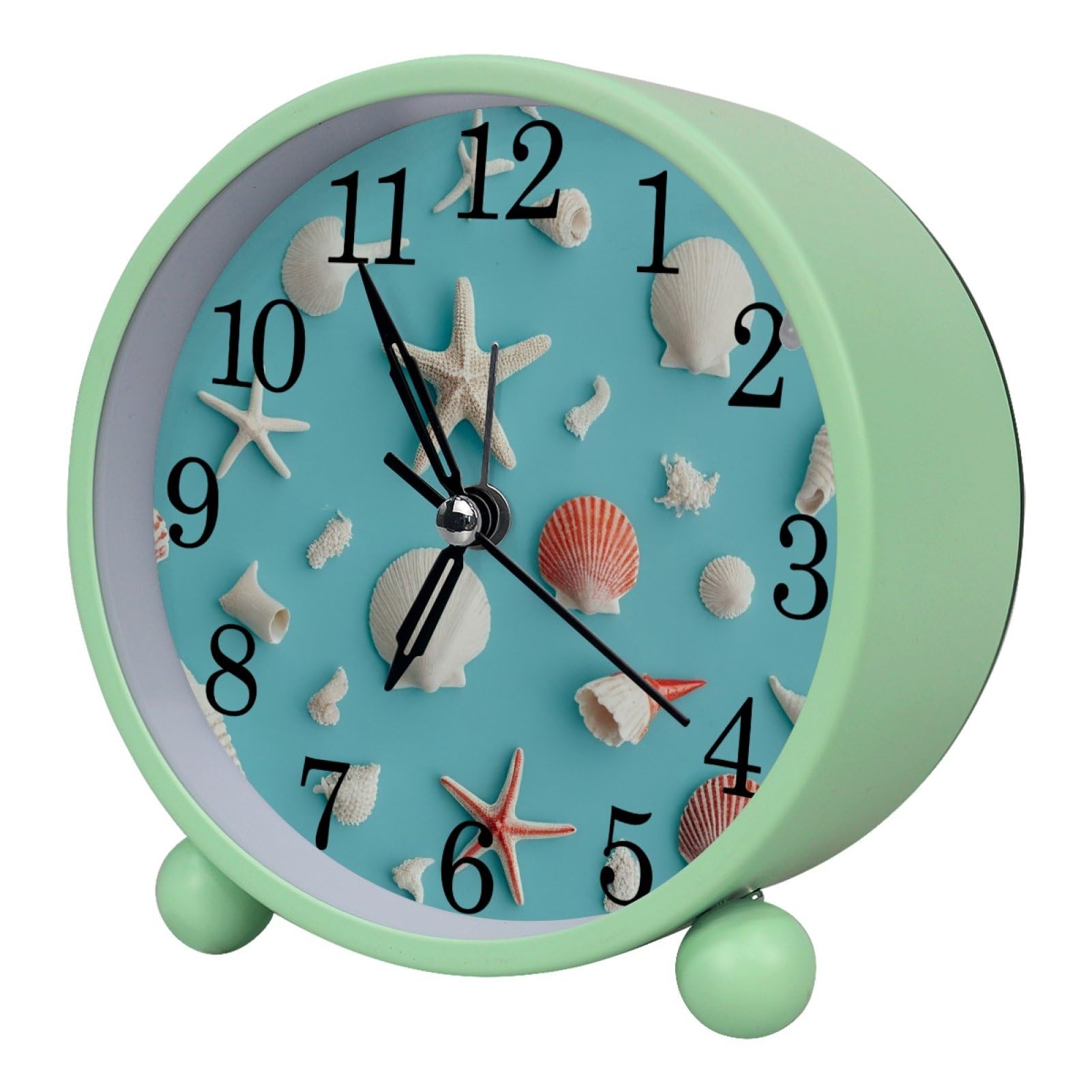 etoenbrc Nautical Starfish Shell Round Battery Operated Bedside Alarm Clock Non-Ticking Desktop Silent Analog Alarm Clock with Light
