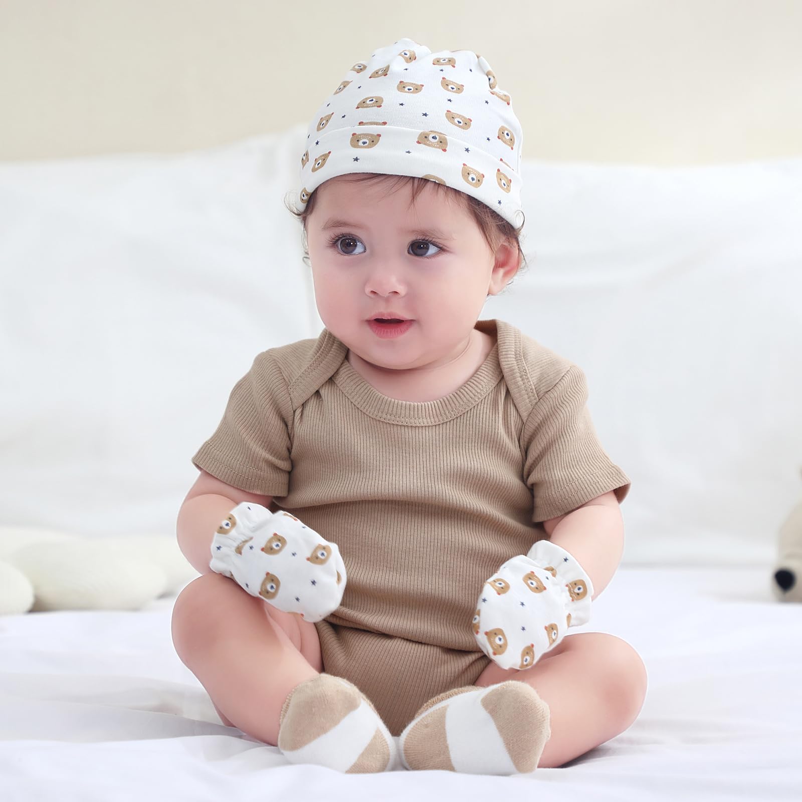 Ruliby Juego de gorros, manoplas y calcetines de algodón para recién nacido, gorro suave para bebés y niñas de 0 a 6 meses