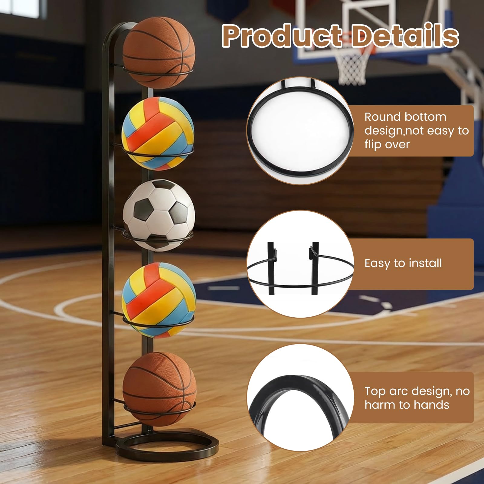 5 Stufiger Ballständer, Ballregal Abnehmbare, Vertical Ball Aufbewahrung, Ballaufbewahrungsregal Ballhalter aus Metall, Ballregal Sportgeräte Organizer Stabil für Basketball Fußball Volleyball