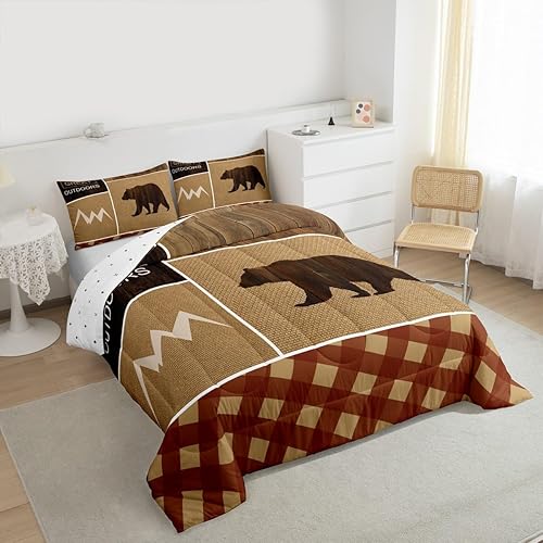 Miniatura 3 de Juego de edredón de oso para niñas y niños, edredón rústico de vida silvestre occidental para habitación, decorativo, al aire libre, montañas, juego