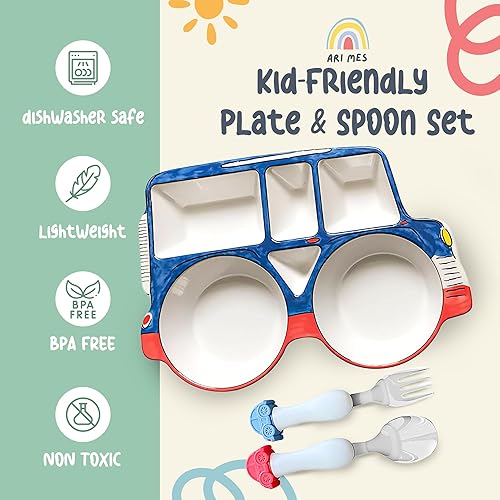 Miniatura 8 de ARI MES - Placa dividida para niños pequeños con cuchara y tenedor - Divertido, sin BPA, resistente a los golpes, ligero, juego de vajilla para