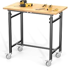 Ultrawall Workbench with Wheels, Adjustable Height Garage Work Table, Heavy Duty Rubber Wood Workstation for Workshop, Office, Home, 32"x18"