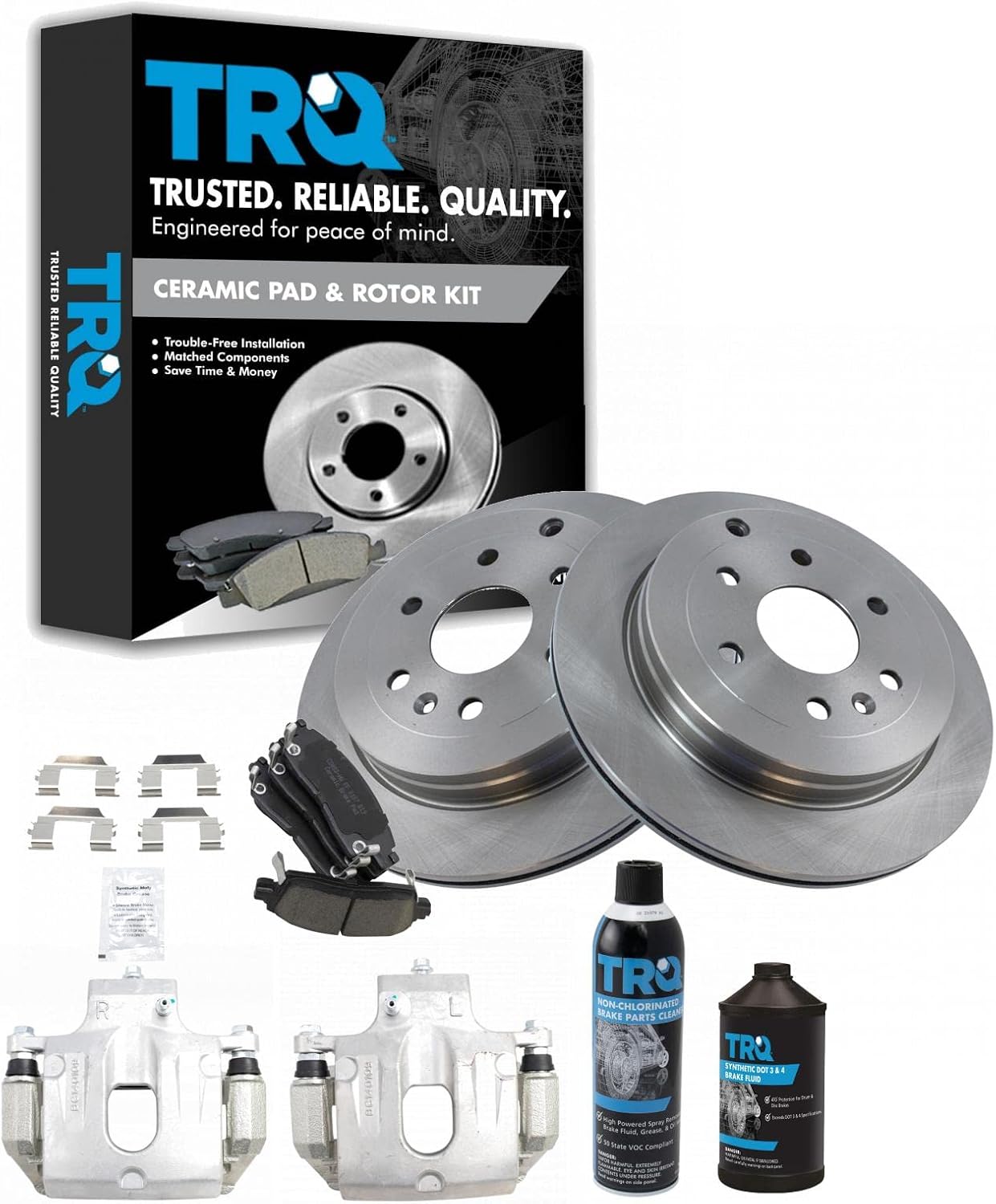 TRQ Rear Ceramic Brake Pad, Rotor & Caliper Kit w/Chemicals Compatible with Chevy
