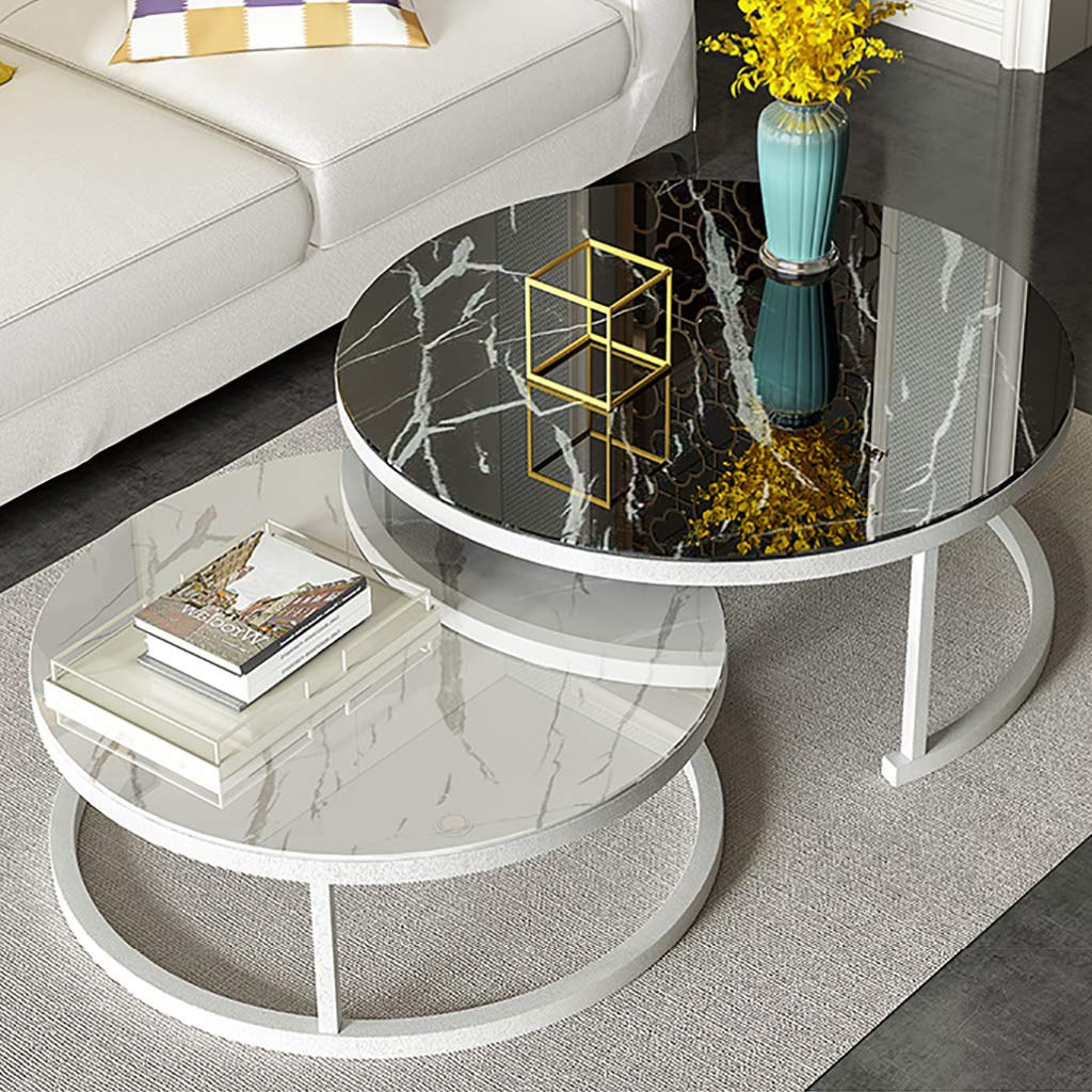 SXZenSpace Set of 2 Stackable Round Coffee Tables for Living Room Elegant Marble & Metal Nesting Side Modern Design End Home Decor