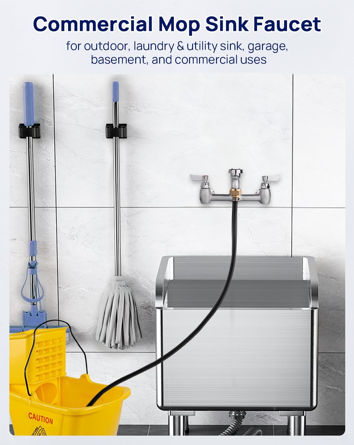 Commercial Mop Sink Faucet 8" Center with Short Spout, Heavy-Duty Wall Mount Utility Faucet with Vacuum Breaker 3/4" Hose Thread, Industrial Outdoor Janitor Sink, Brass Casted Chrome Finish