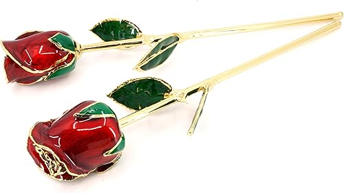 Miniatura 2 de Par de rosas reales lacado dorado preservado y recortado de 11 pulgadas de largo en jarrón de vidrio