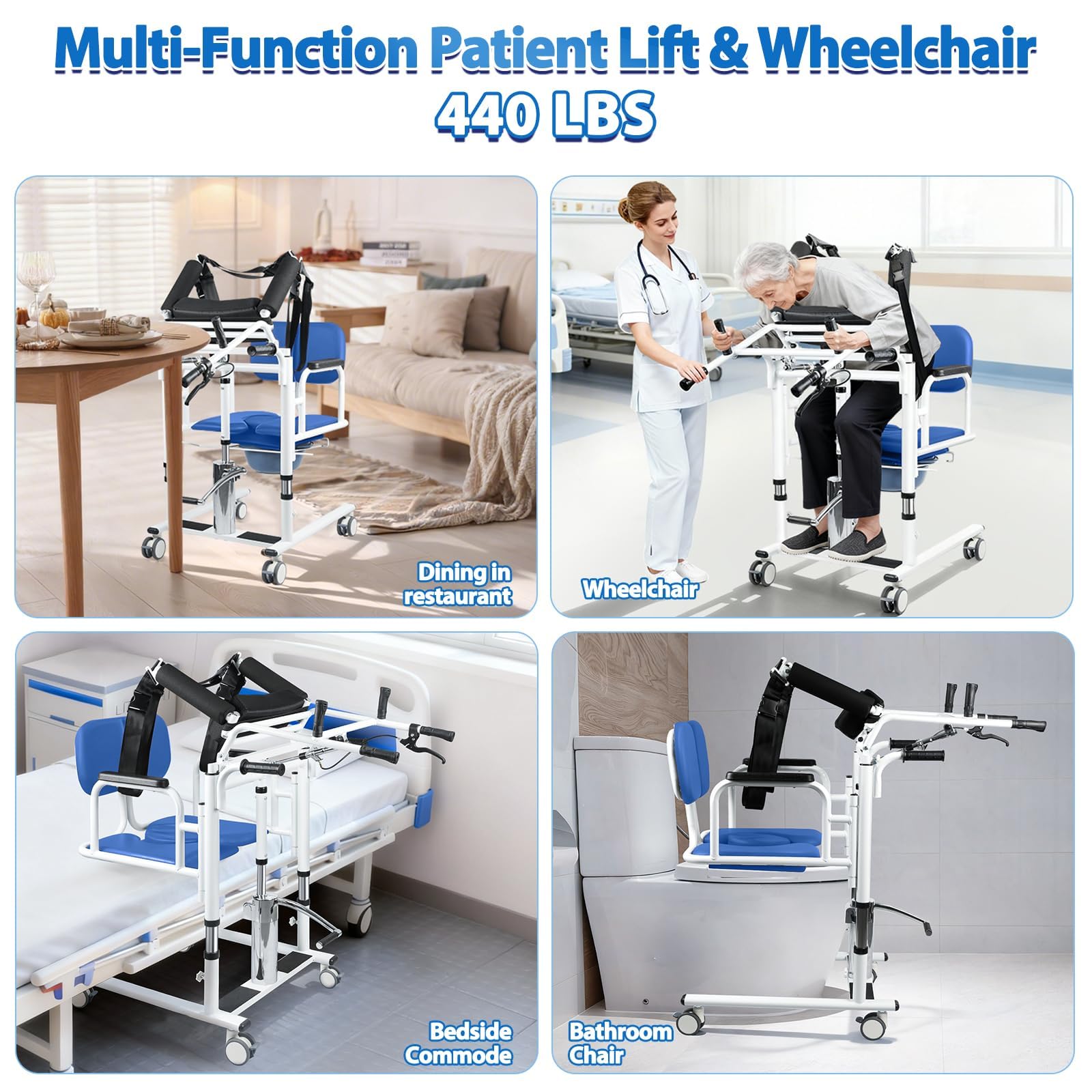 Silla Grua de Transferencia para Discapacitados Pacientes | Elevador Hidráulico 200kg, Asiento 180°, Altura 41-65cm, 4 Ruedas con Frenos, Uso en Hogar/Residencia/Hospital