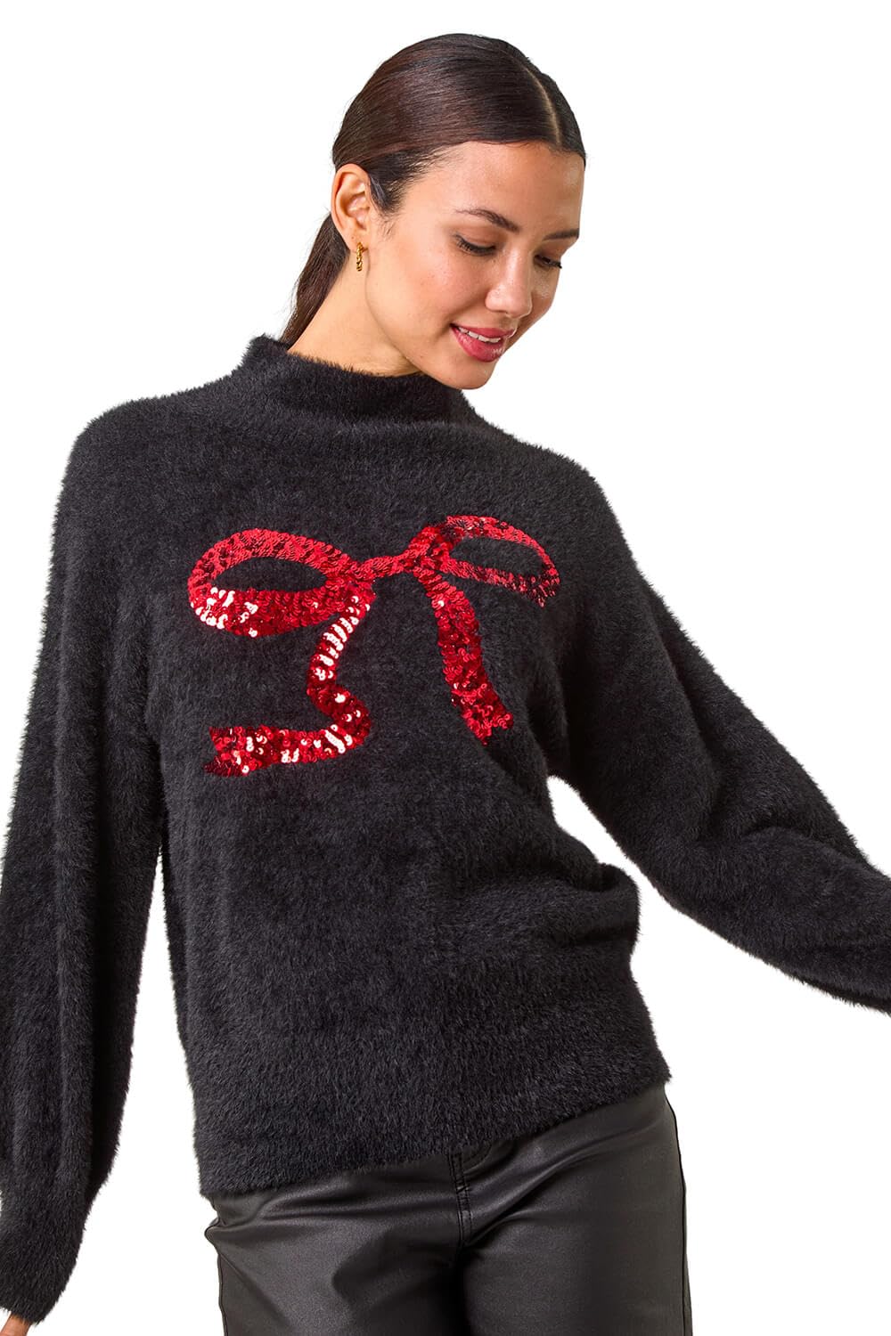 Roman Women's Black Festive Sequin Bow Knit Jumper In Size 12